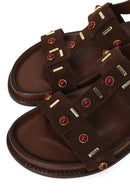 Woman Brown Stone-Embellished Suede Leather Sandals | Derimod