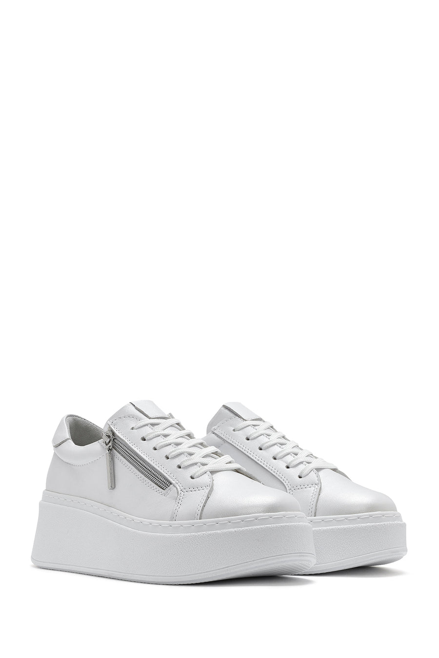 Women's White Thick-Soled Side Zipper Lace-Up Leather Sneakers
