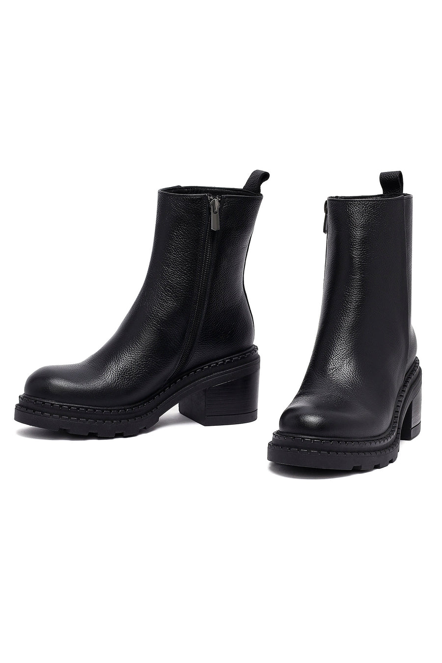 Woman Black Zip Closure Platform Thick-heeled Leather Boots